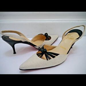 SOLD CHRISTIAN LOUBOUTIN beige linen/black leather knot detail heels Euro 40.5